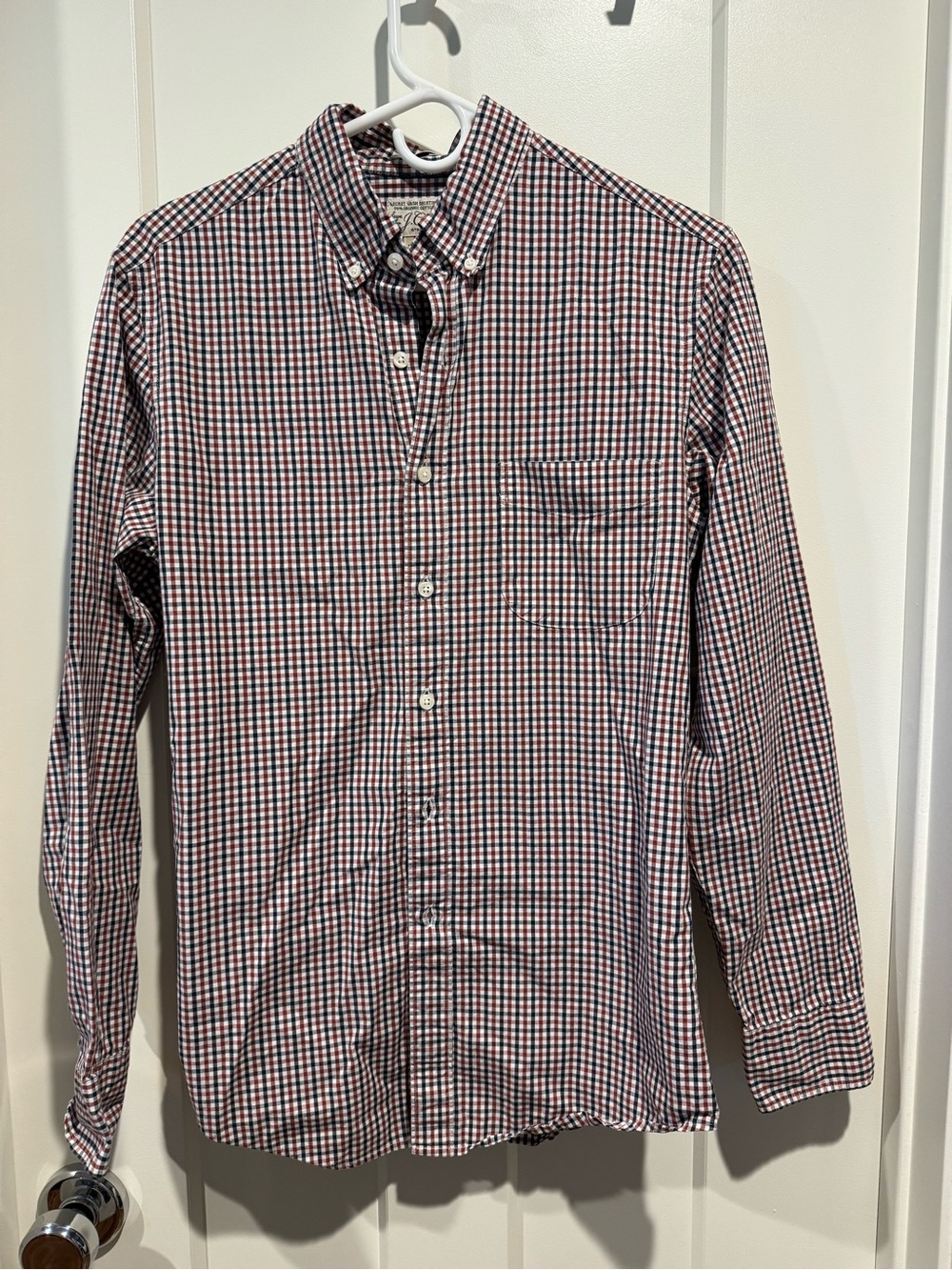 J. Crew Men's Red and Navy Small Check Button-Down Shirt. Size S